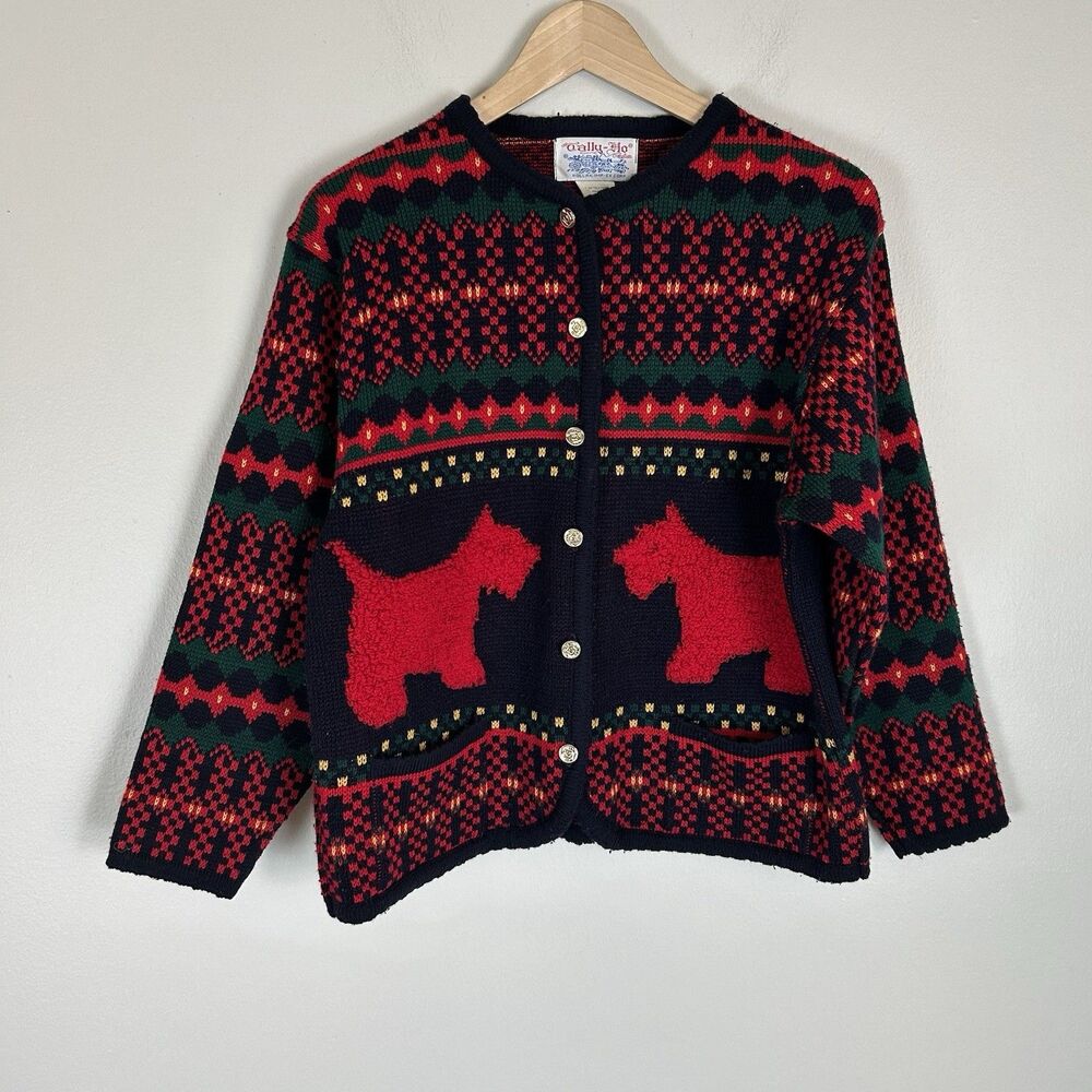 Vintage Tally Ho Scottie Dog Cardigan Sweater L  Button Y2k Novelty Nordic Prep